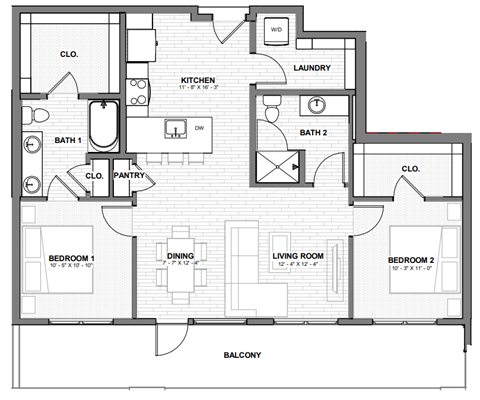 Floor plan for 2 beds, 2 baths, 990 sqft